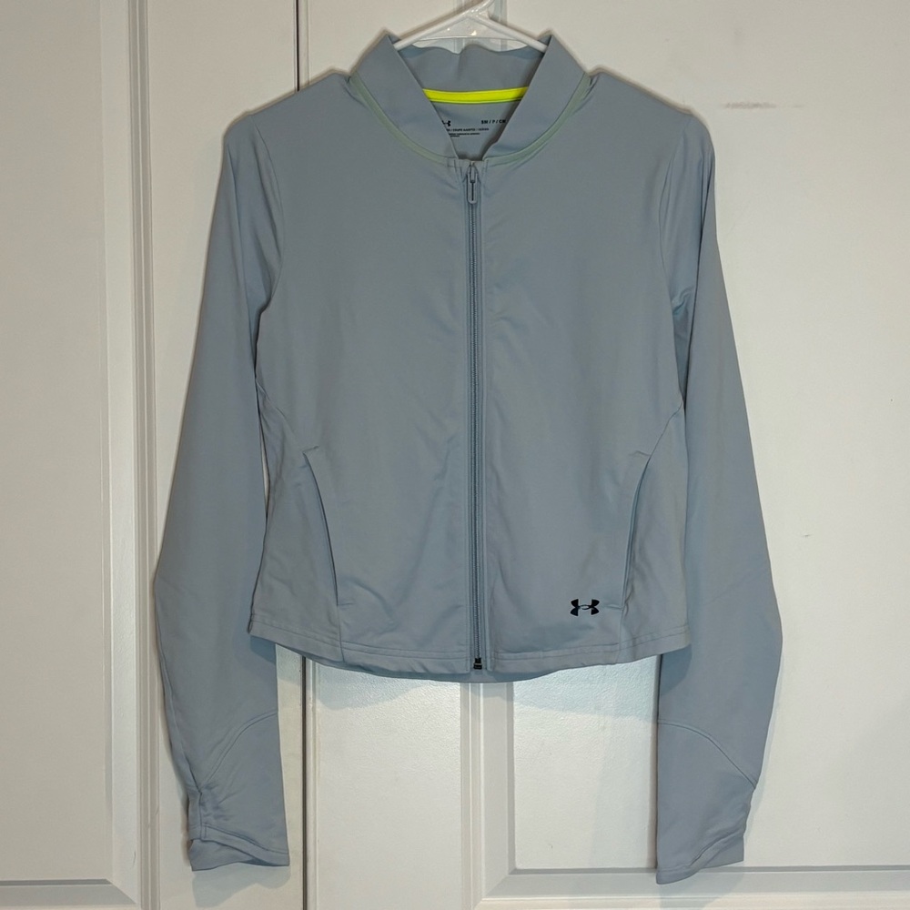 Under Armour Icy Light Blue Long Sleeve Zip Front Collarless Running Jacket S